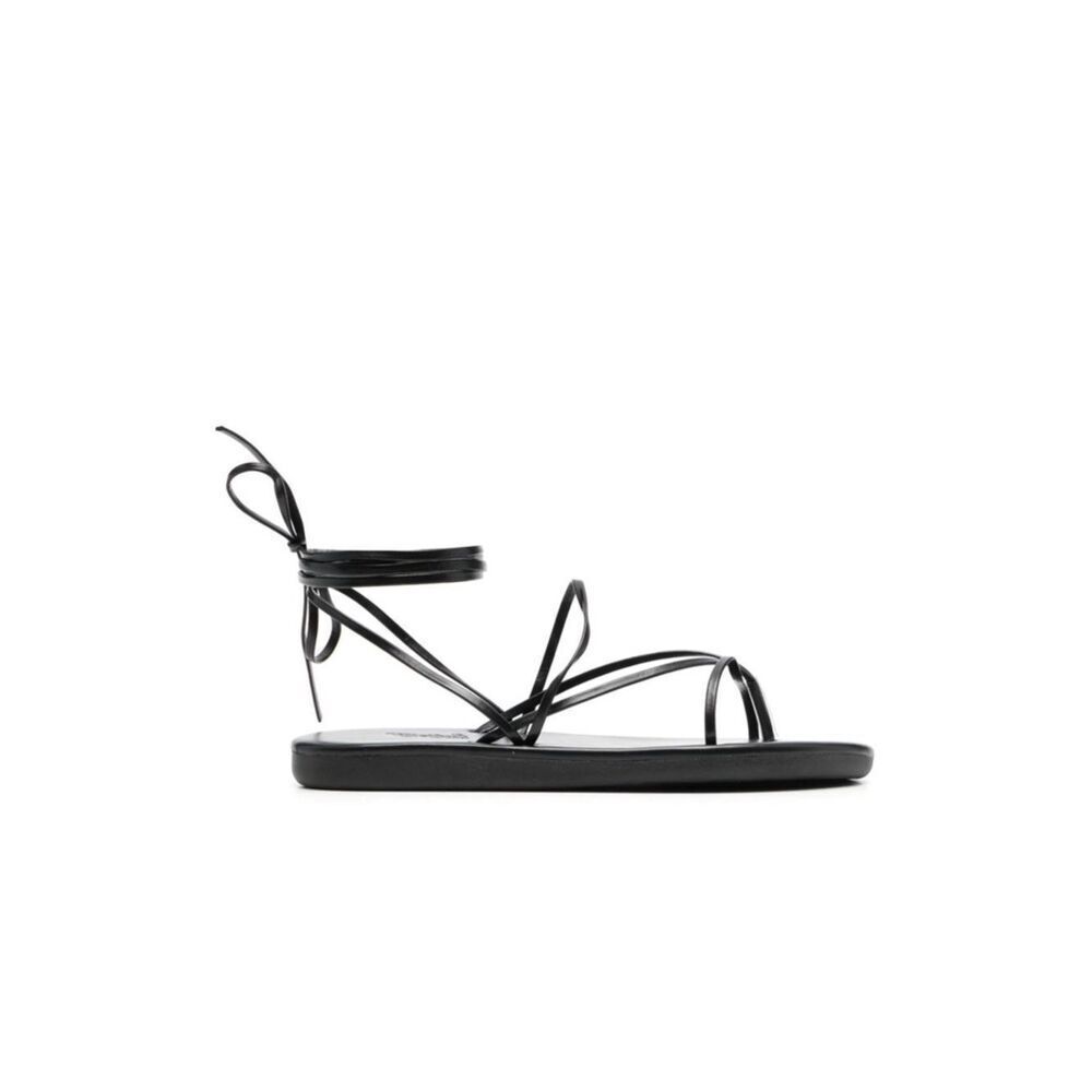Ancient Greek Chiordi Sandals Black Leather Lace-Up Flat String Flip Flop